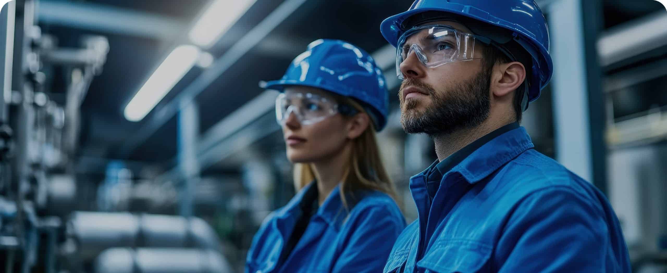 Deux personnes portant des équipements de sécurité observant une installation industrielle.